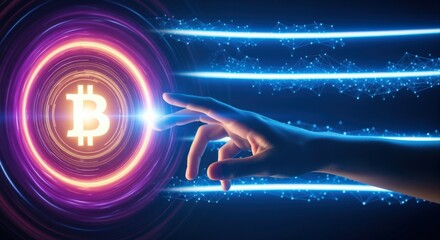Digital Currency Concept: Hand Interacting with Glowing Cryptocurrency Symbol and Futuristic Network, Representing Blockchain Technology