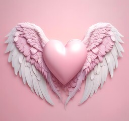Valentine love heart with angel wings, soft pink and red colors, white background
