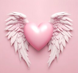 Valentine love heart with angel wings, soft pink and red colors, white background