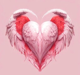 Valentine love heart with angel wings, soft pink and red colors, white background