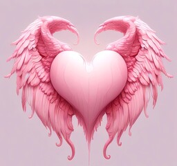 Valentine love heart with angel wings, soft pink and red colors, white background