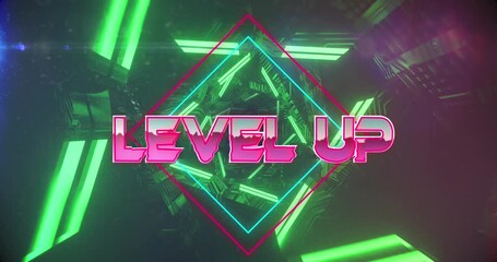 Animation of level up text banner over neon green glowing tunnel in seamless pattern - Powered by Adobe