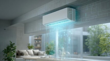Comfort from air conditioner in living room concept. Modern air conditioning unit with digital interface in a cozy room.