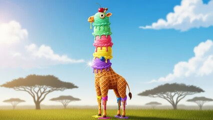 Naklejka premium Giraffe balancing colorful objects