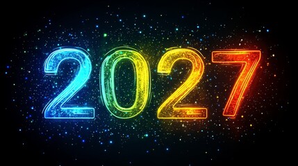 Futuristic 2027 New Year Celebration Design, Colorful Digital Art with Dynamic Elements and Glows