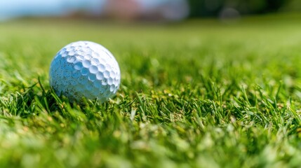 Golf ball resting on green grass on a sunlit golf course in daytime
