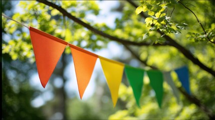 Colorful triangular pennant banner hanging outdoors between trees creating a festive event atmosphere