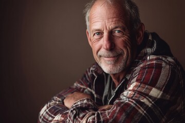 Obraz premium glad caucasian man in his 70s dressed in a relaxed flannel shirt over soft brown background
