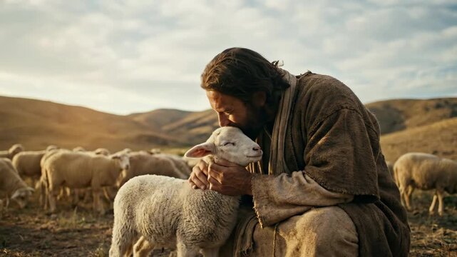 Jesus the shepherd tends his flock in a pastoral landscape at sunset. A concept of spiritual care and guidance in a religious theme. Christianity, Orthodoxy.