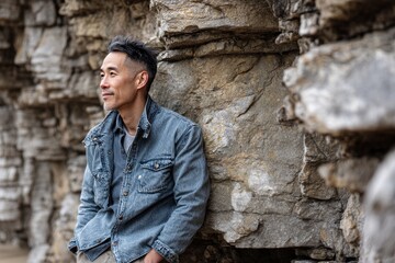 Obraz premium tender asian man in his 40s sporting a versatile denim shirt over rocky cliff background