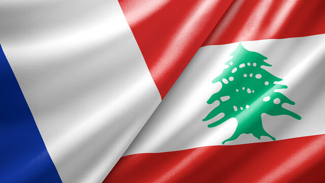 France and Lebanon two national flags filling the entire frame, close-up view, edge-to-edge composition