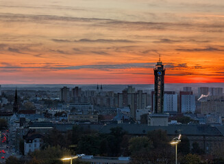 ostrava city hall tower in the sunset