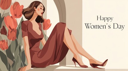 Elegant woman in a dress with tulips celebrates International Women's Day