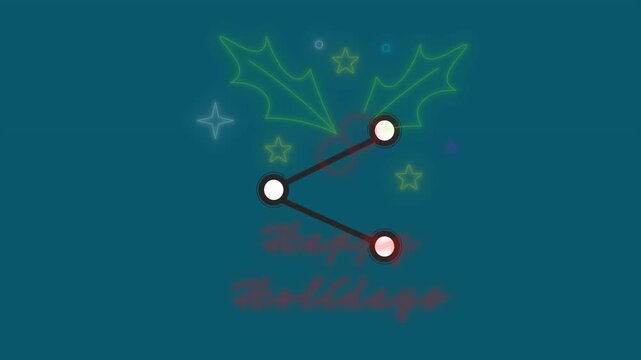 This video shows a neon happy holidays text banner with mistletoe icons against a black background