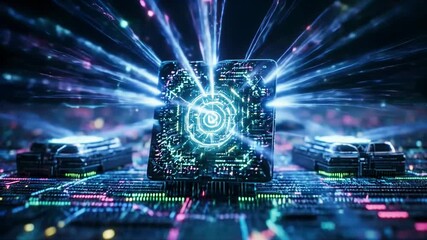 Dynamic abstract visualization of glowing digital circuit board processing complex artificial intelligence data streams within a dark environment. - Powered by Adobe