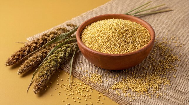 Bowl of millet grains with sorghum stalks on burlap fabric