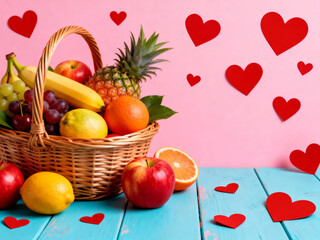 Valentine's Day fruit basket with red hearts, text space