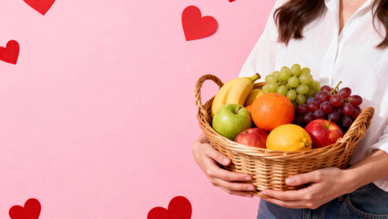Woman holding a fresh fruit basket against a pink background with hearts
