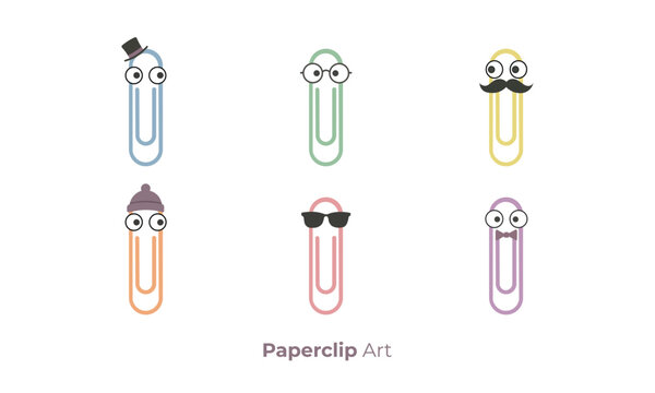2d Flat Minimalistic Vector of Cartoon style a set of Paperclips with various style googly eyes.