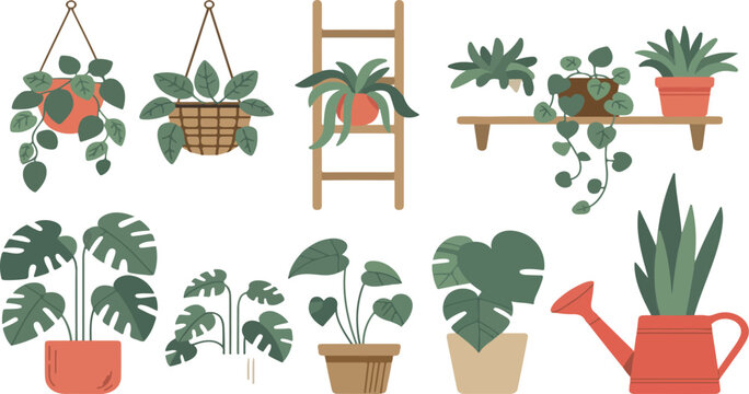 Indoor Potted Houseplants Vector Set &ndash; Hanging Vines, Succulents, and Leafy Plants