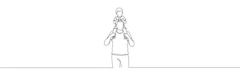 Obraz premium Continuous one line drawing of a father carrying his son on his shoulders, joyfully bonding together