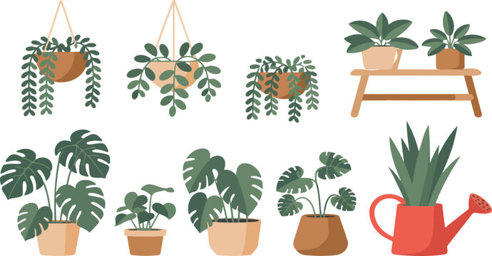 Indoor Potted Houseplants Vector Set &ndash; Hanging Vines, Succulents, and Leafy Plants