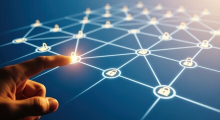 Cybersecurity Network Concept: Finger Touching Secure Data Point in a Digital Connection Grid
