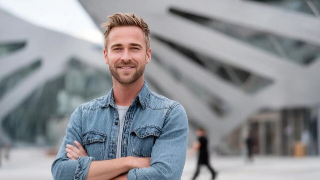 Urban Charisma: A poised individual, his arms crossed, exudes confidence against the backdrop of a modern architectural masterpiece.