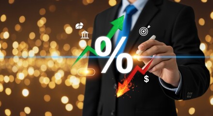 Businessman Analyzes Rising and Falling Interest Rates with Percentage Sign Displayed on a Digital Interface