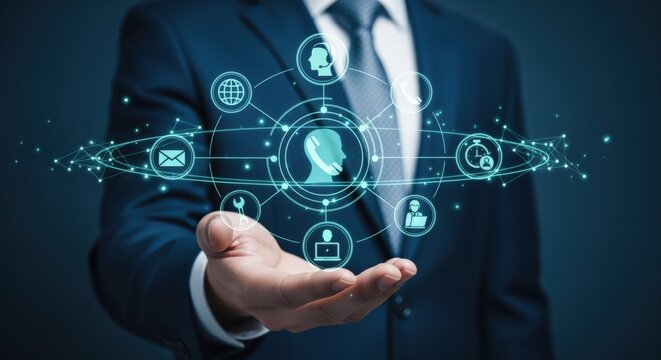 Business professional presenting virtual customer service network with connected icons symbolizing client support and digital communication