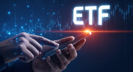 ETF Investment App: Hand Using Smartphone for Exchange Traded Fund Portfolio Analysis and Trading
