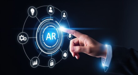 Augmented Reality Interface: Businessman Activating AR Technology on Virtual Screen with Interactive Digital Icons