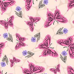 Pink Butterflies and Purple Flowers Vector Seamless Pattern