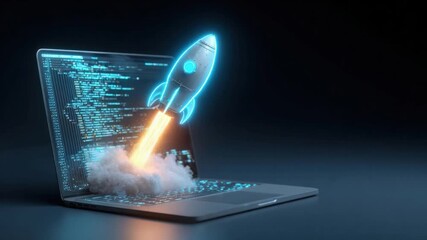 Tech Launch: A neon rocket bursts forth from an open laptop, representing the launch of a innovative product. This image captures the essence of digital innovation and technological breakthroughs. 
