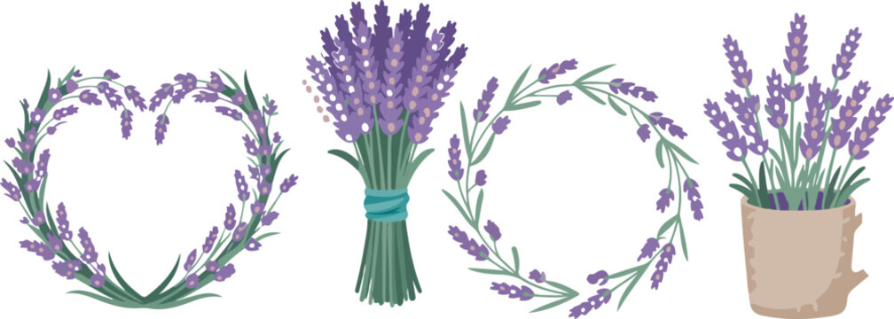 Violet Lavender Twigs Bouquet, Wreath, and Vase &ndash; Vector Set