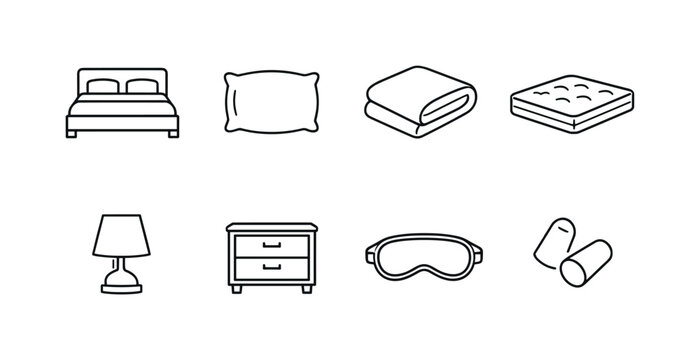 Minimal line icon set of bedroom essentials featuring bed, pillow, folded blanket, mattress, bedside lamp, nightstand, sleep mask, and earplugs