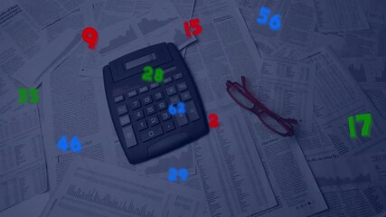 Animation of numbers floating over glasses falling over calculator and documents - Powered by Adobe