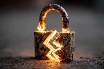 Password Breach Alert Glowing Broken Padlock Cybersecurity Warning Concept