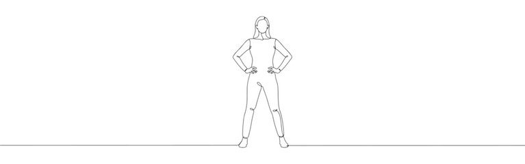 One continuous line drawing of a confident woman standing with hands on hips. Minimalist style
