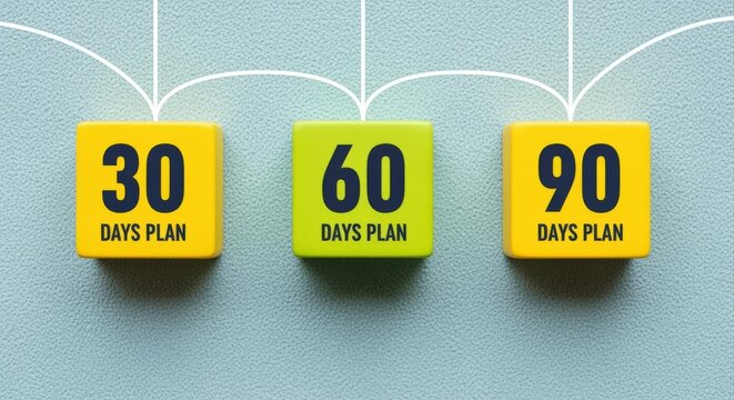 Business strategy planning with 30, 60, and 90 days wooden blocks timeline concept