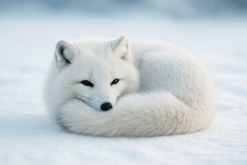 Obraz premium Arctic fox curled up in snow with soft light and blurred background, showcasing winter wildlife in a peaceful and serene natural setting. Ai generative
