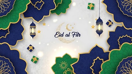 Eid al Fitr Paper Cut Background with Arabic Lanterns and Gifts