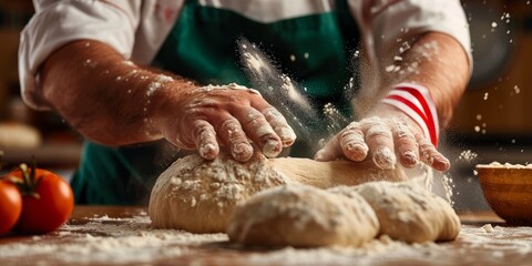 Baker kneading dough with flour and passion in the kitchen
