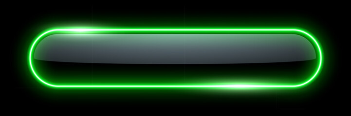 Neon glow light rounded rectangle frame. Led rectangular game button. Green light outline on black with soft luminous effect. Futuristic UI element. Modern colorful geometric vector illustration.