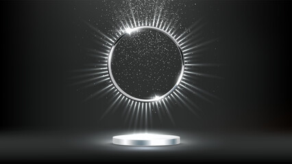 Silver award podium. Round silver pedestal with shining ring surrounded by radiant light rays and sparkling particles on dark. Luxury presentation stage. Abstract premium vector illustration.