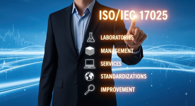 ISO IEC 17025 Standard Presentation: Man Interacting with Digital Display Explaining Laboratory Management and Services