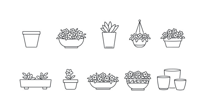 Minimalist black and white line art set of potted plants and flowerpots, including hanging basket, planters, bowls, and gardening containers