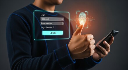 Fingerprint Biometric Authentication: Man Accessing Secure Mobile App with Futuristic Technology for Data Protection