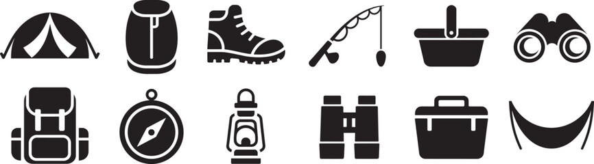 Camping hiking and fishing equipment icons set illustration outdoor adventure gear silhouette collection © pyenga