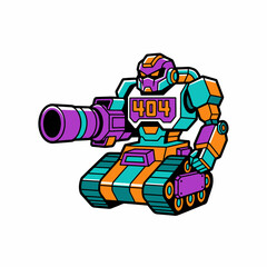 Neon Cyberpunk Robot Tank Icon with 404 Error Code. Mecha Mascot Illustration in Retro 80s Cartoon Style for Page Not Found Status.